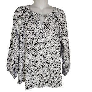 Loft Womens Top Small Floral Long Sleeve Black White Lightweight Tie Keyhole